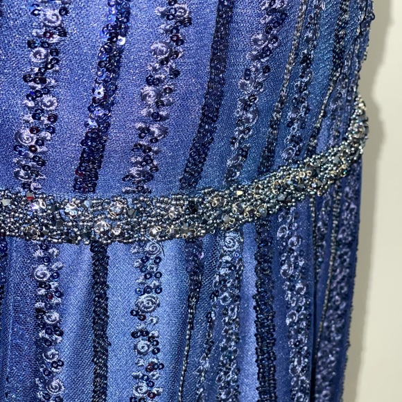 # Mac Duggal Sequins Stripe Plunge Neck Long Sleeve A Line Gown In Midnight NWT - Picture 7 of 16